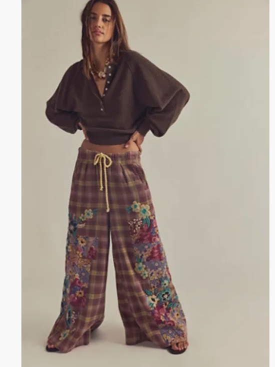 Free People Pants - NWT FREE PEOPLE BROOKS EMBROIDERED WIDE LEG PATCHWORK PANTS 🔥🔥